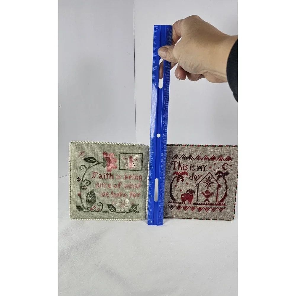 Lot of  2 Framed Cross Stitch Plaques Faith Quote &‎ Christmas Nativity